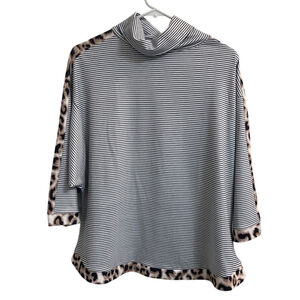 Belinda NWT Black/White Striped Turtleneck shirt with Animal Print Trim. WM Sz S